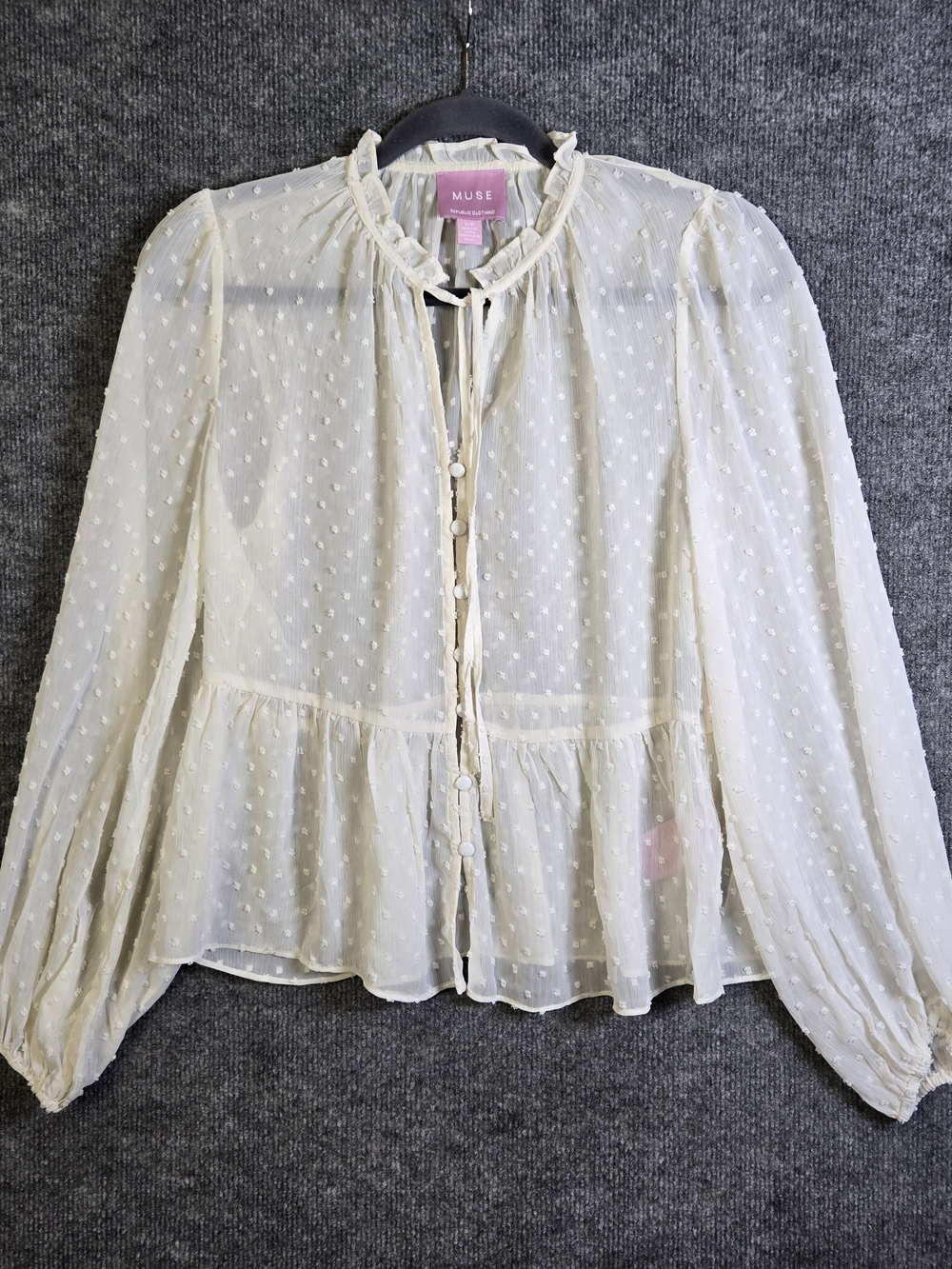 Muse Top Womens S Cream Swiss Dot Sheer Ruffle Peplum Romantic Ethereal